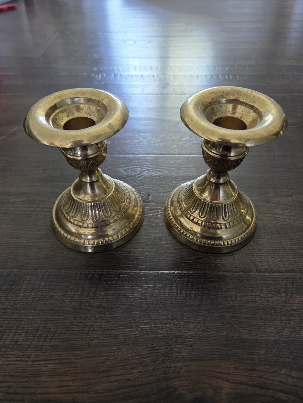 Vintage Solid Brass Candlestick Holders Pair - Short Etched Candle Holders, Made